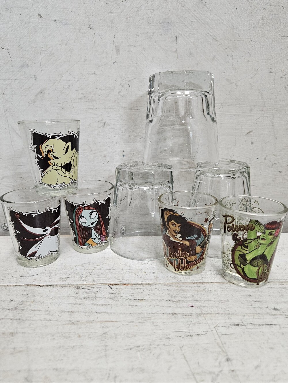 8 Shot Glasses Lot Nightmare Before Christmas Wonder Woman Retro Bar Drinkware